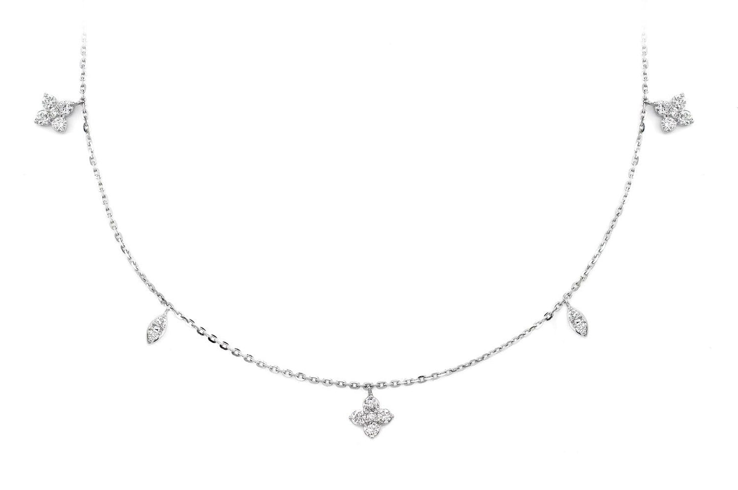 CLOVER AND MARQUISE DANGLING DIAMOND STATION NECKLACE 14K SOLID GOLD 0.25CTW
