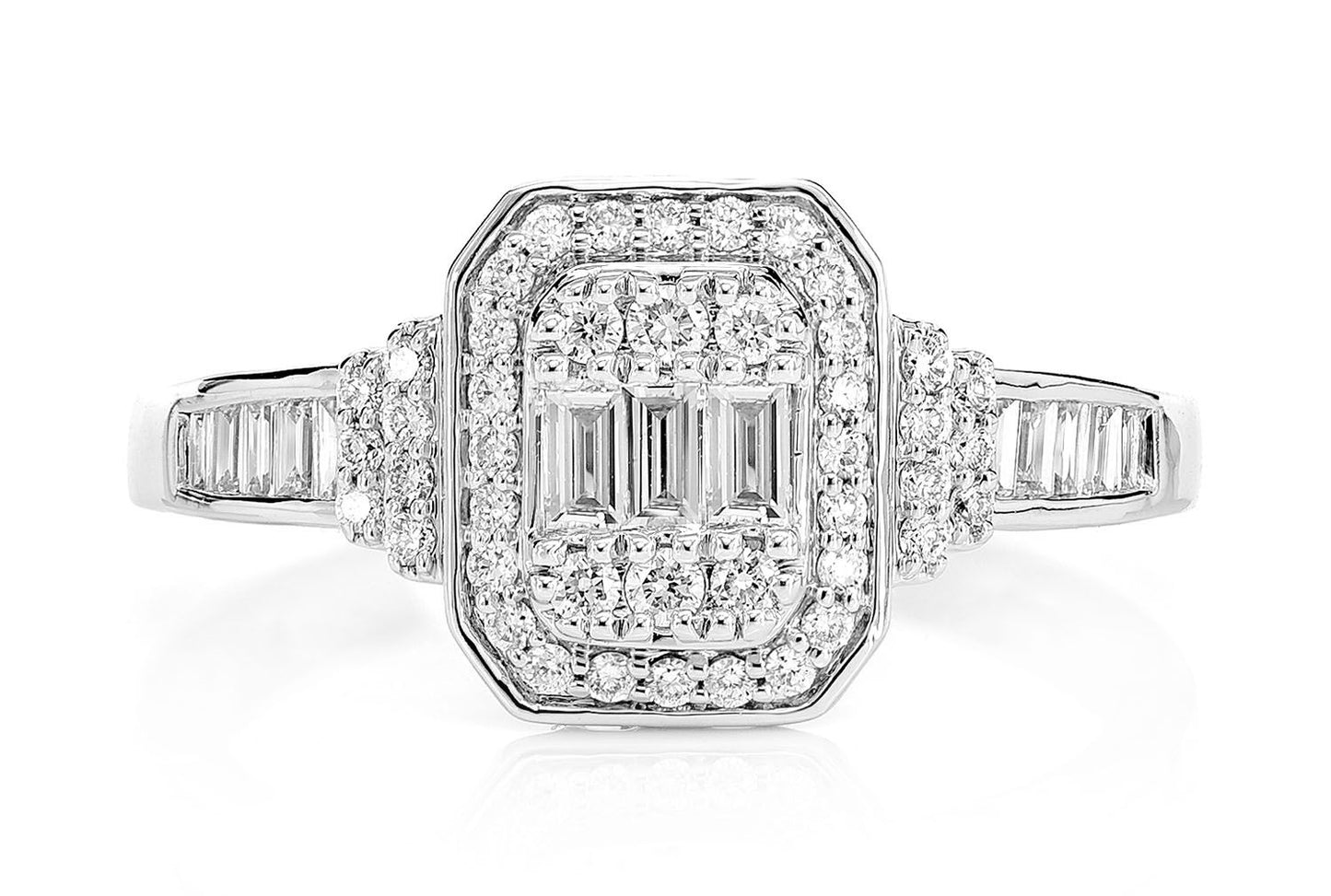 0.25CTW ROUND & BAGUETTE HALO TWO TIER RING 14K SOLID GOLD