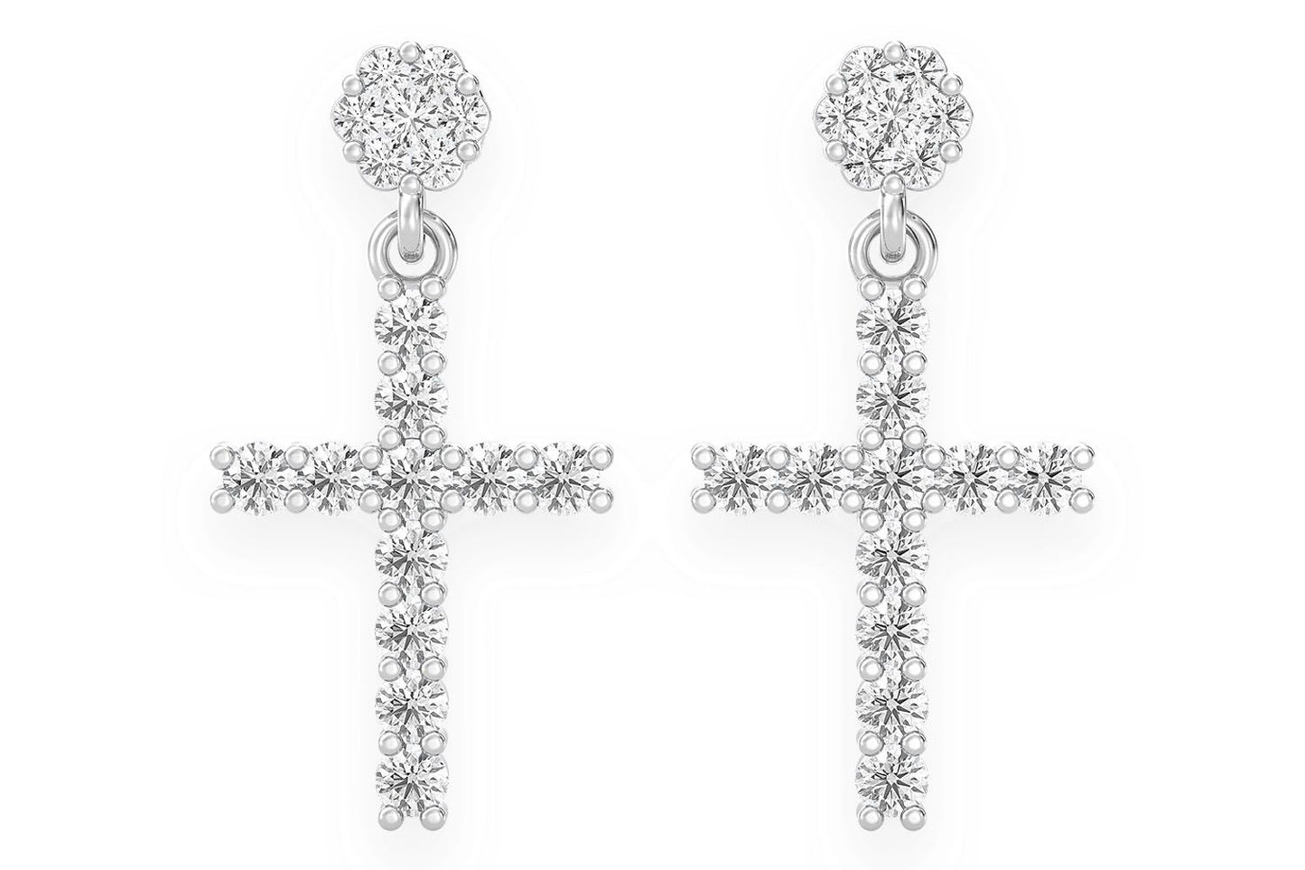 CROSS DANGLING STUD DIAMOND EARRINGS 14K SOLID GOLD 1.25CTW
