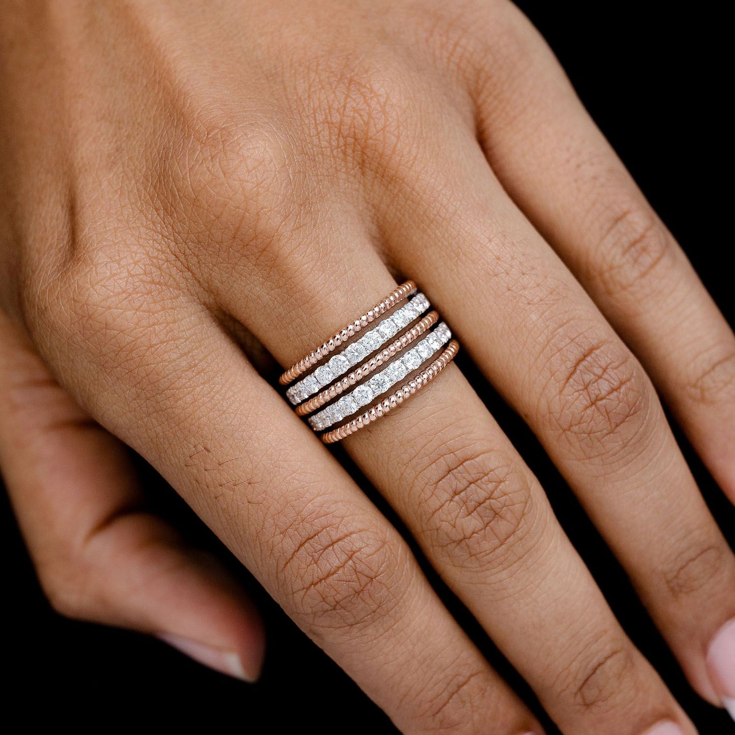 TWO ROW SATIN DIAMOND ROPE BAND RING 14K SOLID GOLD 1.10CTW