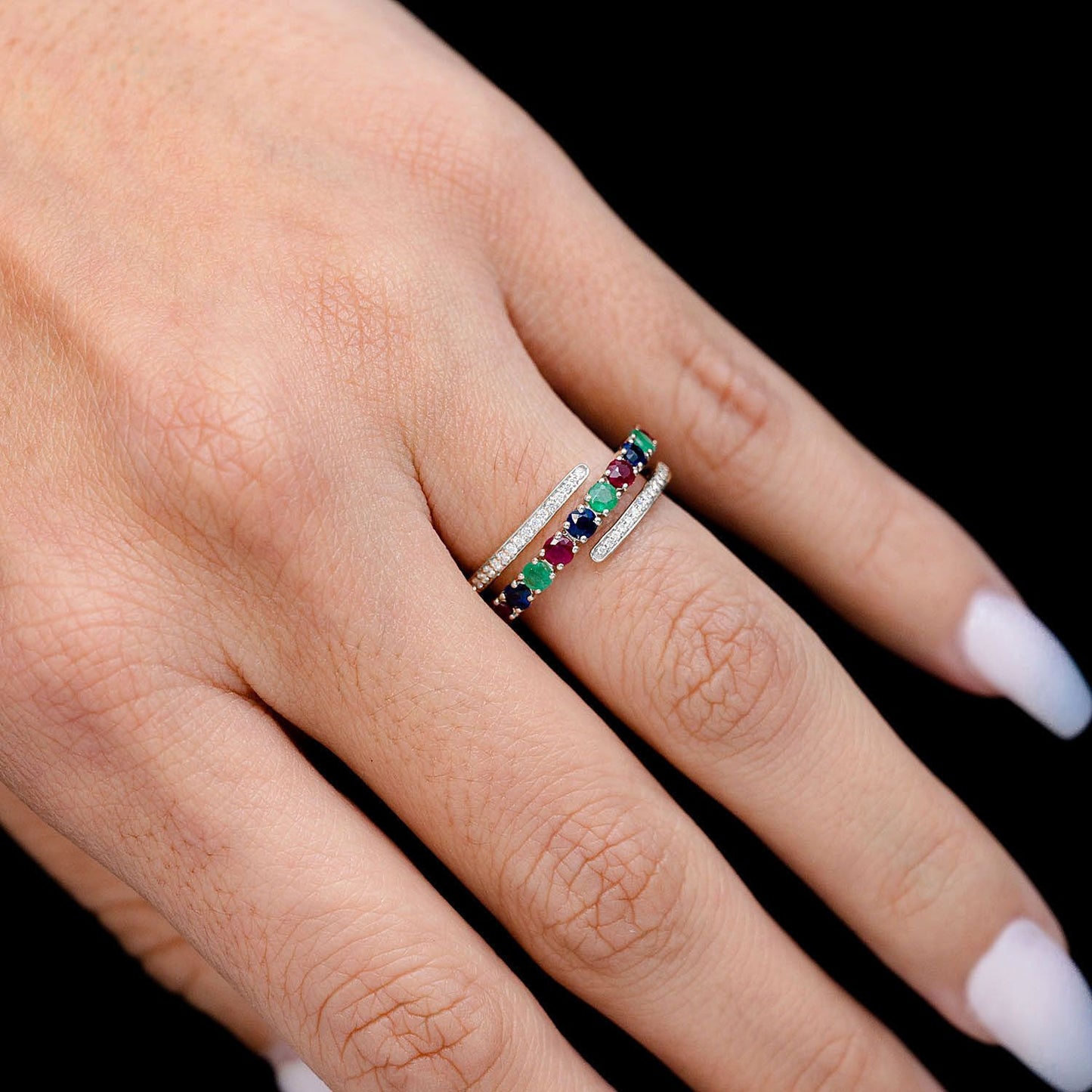 TRI COLORED GEM AND DIAMOND SEMI WRAP RING 14K SOLID GOLD 1.00CTW