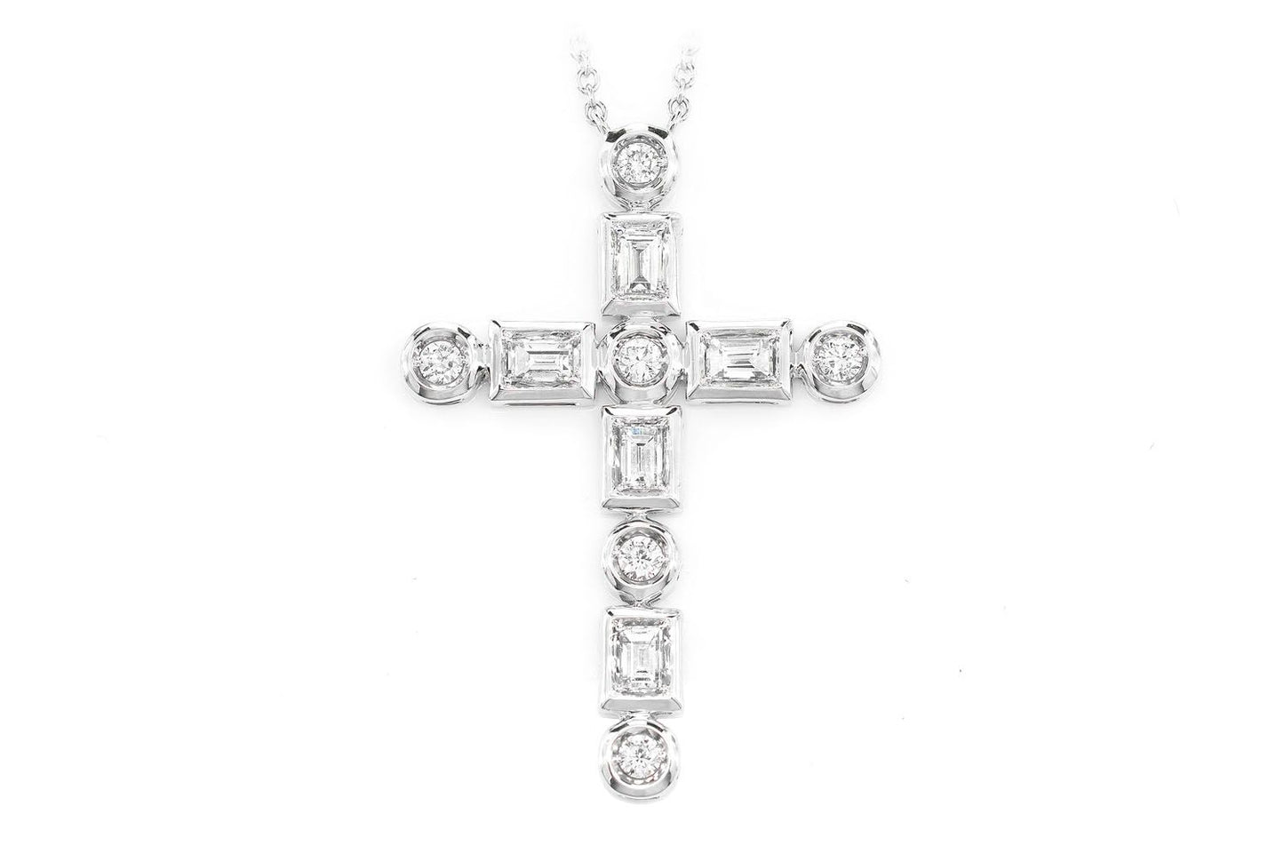 BAGUETTE AND ROUND DIAMOND CROSS PENDANT NECKLACE ATTACHED 14K SOLID GOLD 0.75CTW