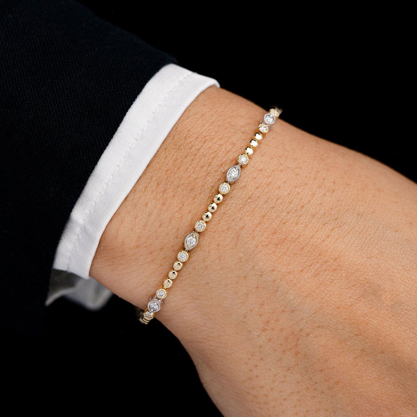 BEADED AND DIAMOND DECO MILGRAIN BRACELET 0.60CTW 14K SOLID GOLD