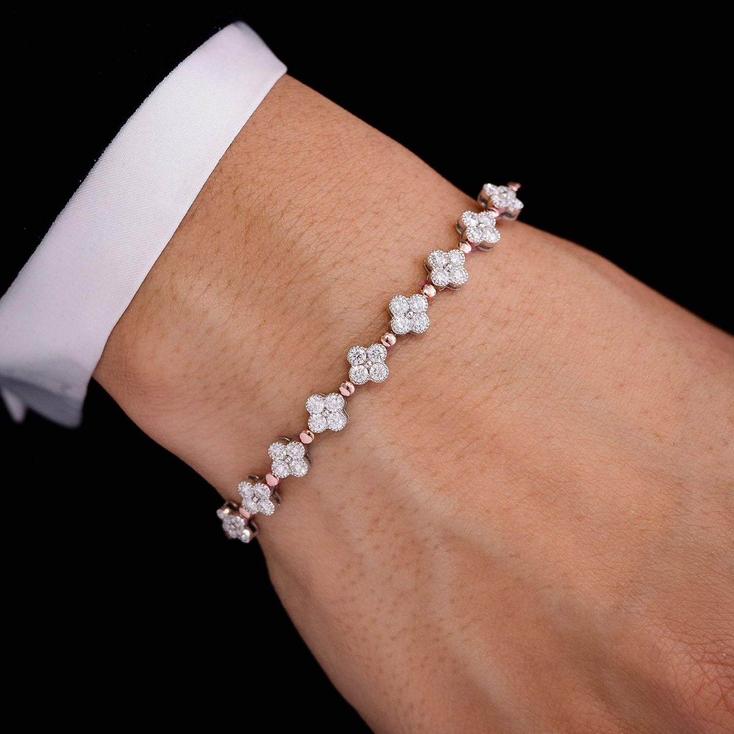 BEADED MILLGRAIN CLOVER DIAMOND BRACELET 14K SOLID GOLD 1.65CTW
