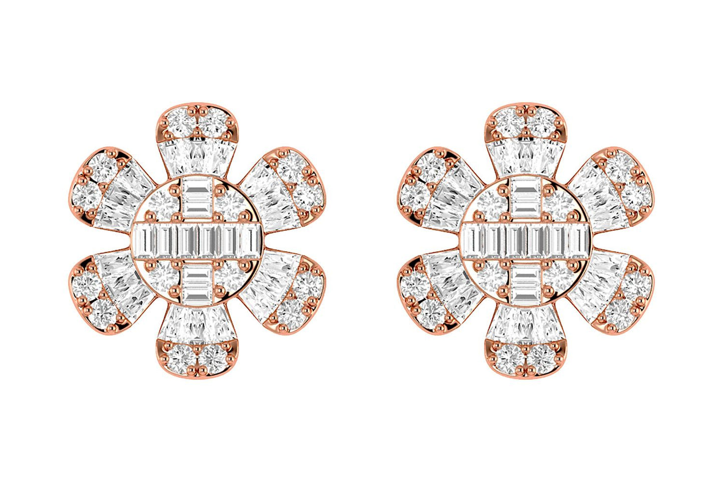 FLORAL BAGUETTE & ROUND DIAMOND STUD EARRINGS 14K SOLID GOLD 0.50CTW