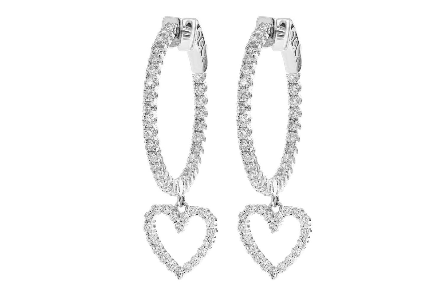 OPEN HEART DANGLING DIAMOND HOOPS 14K SOLID GOLD 1.85CTW
