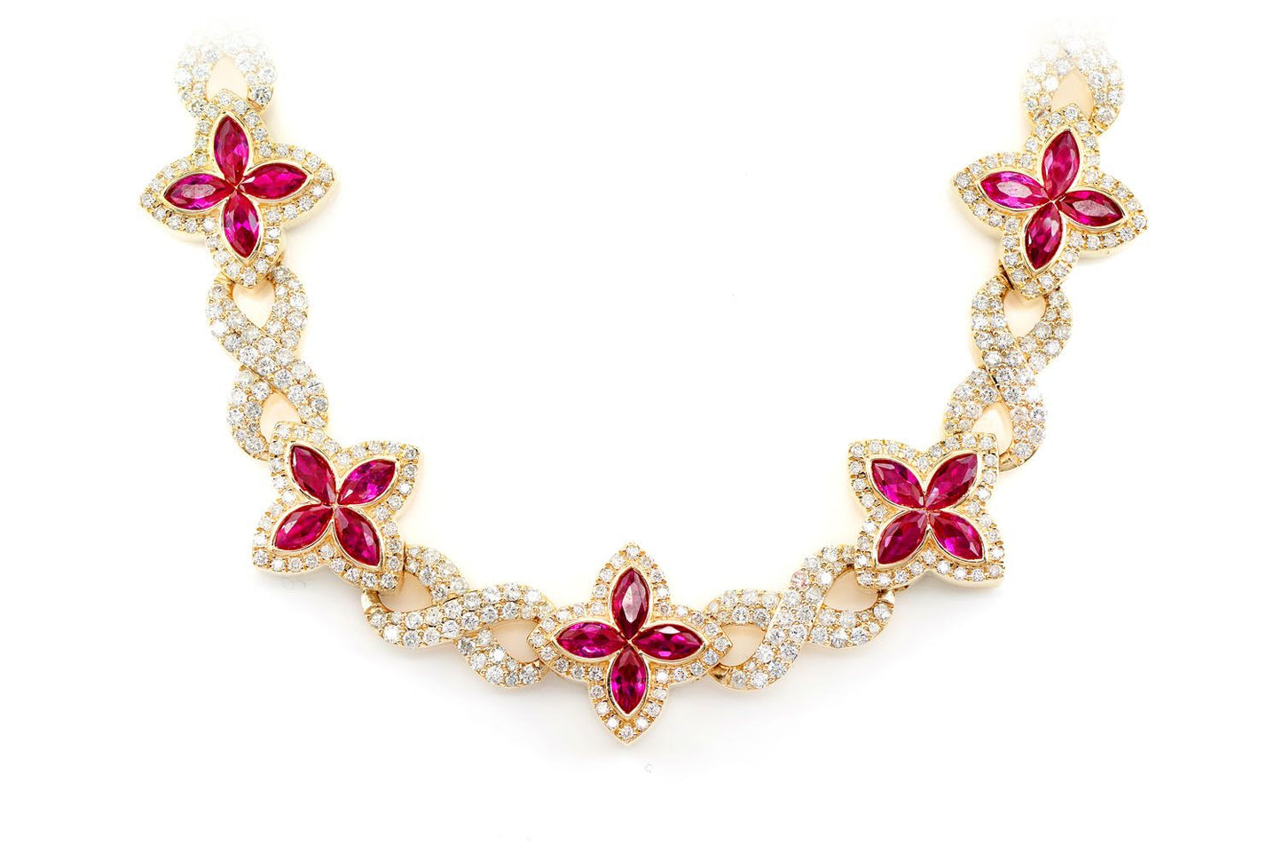 RUBY DIAMOND MARQUISE FLOWER INFINITY LINK NECKLACE SOLID GOLD 33.75CTW