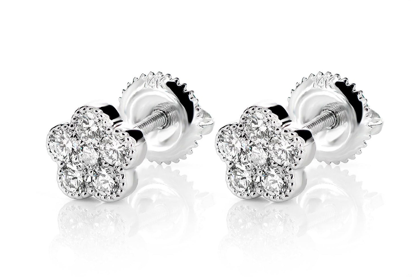 CERCEI ȘTIF CU TRIFOI ȘI DIAMANTE MILGRAIN, AUR MASIV DE 14K, 0.50CT