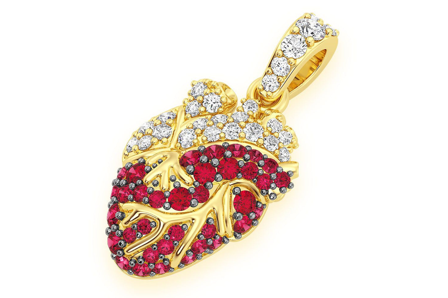 HUMAN HEART RUBY & DIAMOND PENDANT 14K SOLID GOLD .40CTW