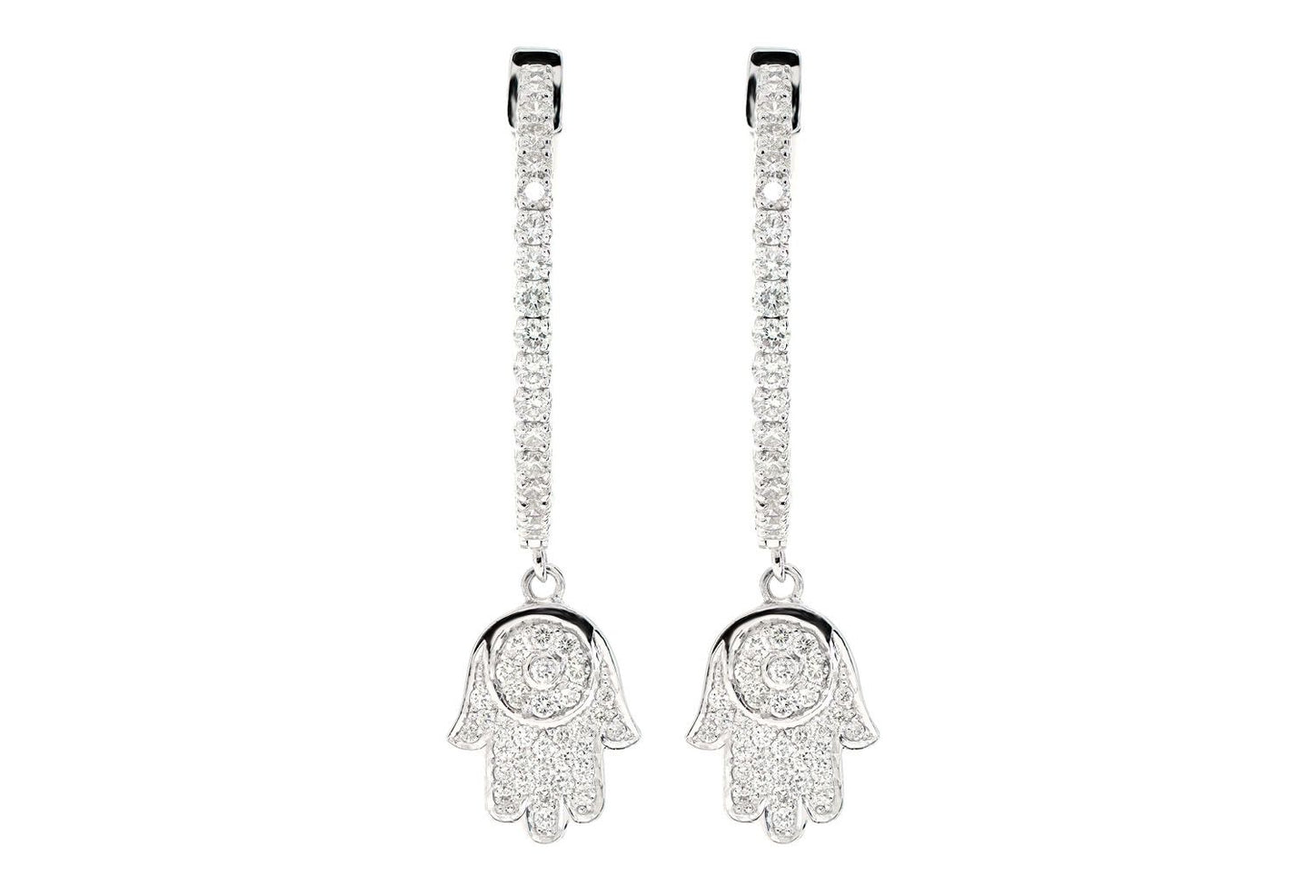 HAMSA DANGLING DIAMOND HOOP EARRINGS 14K SOLID GOLD 1.85CTW