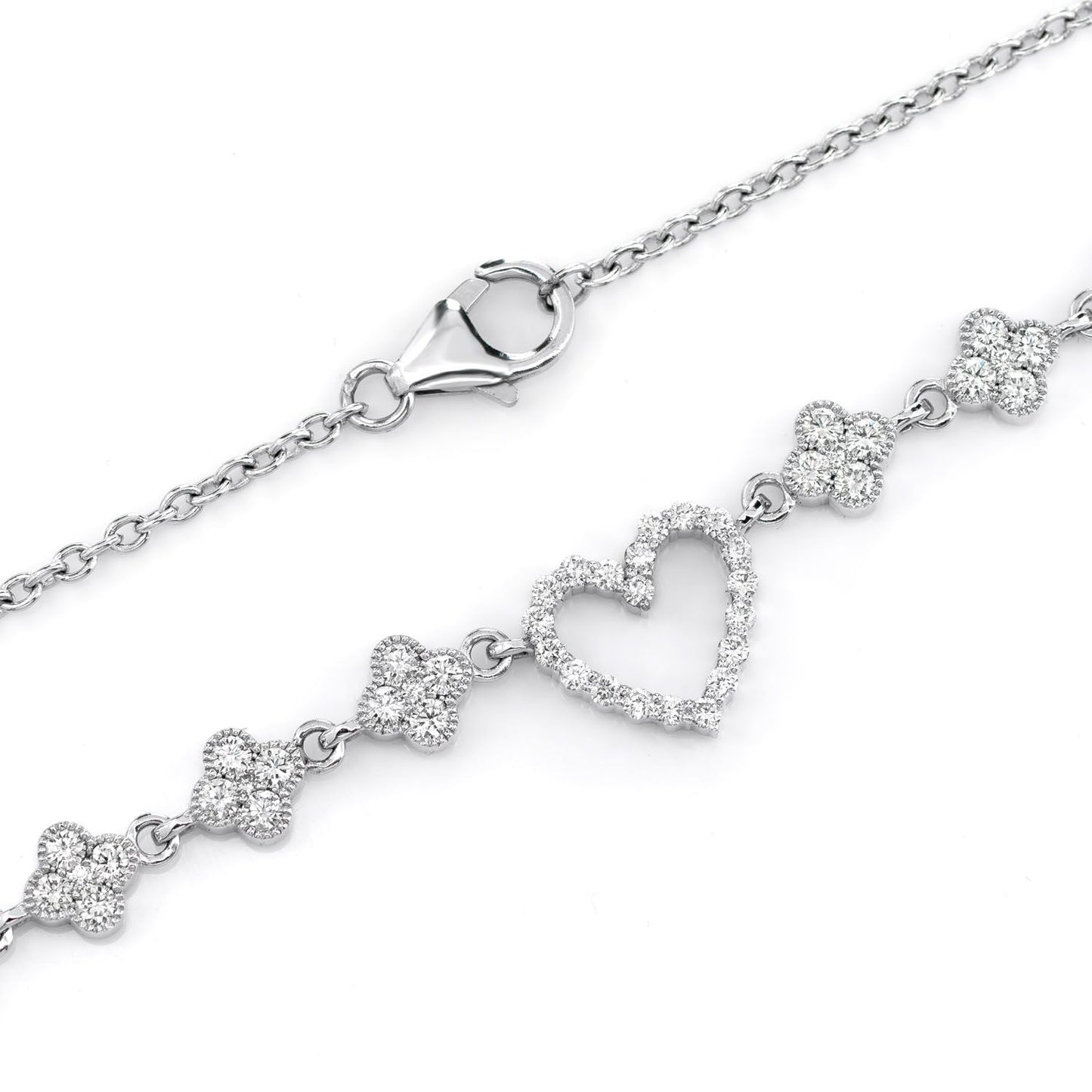 OPEN HEART CLOVER DIAMOND LINK NECKLACE 14K SOLID GOLD 5.00CTW