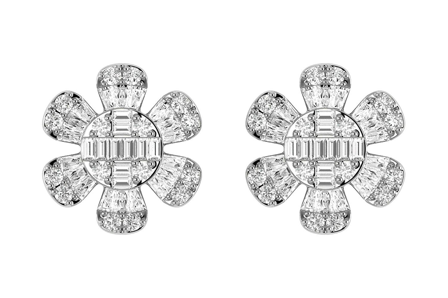 FLORAL BAGUETTE & ROUND DIAMOND STUD EARRINGS 14K SOLID GOLD 0.50CTW