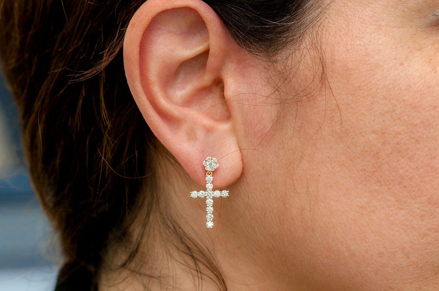 CROSS DANGLING STUD DIAMOND EARRINGS 14K SOLID GOLD 1.25CTW