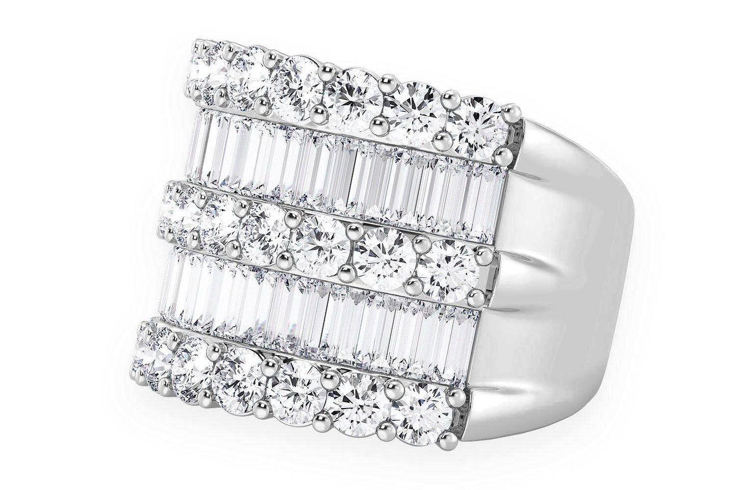 SUPER THREE ROW ROUND & BAGUETTE DIAMOND RING 14K SOLID GOLD 5.25CTW
