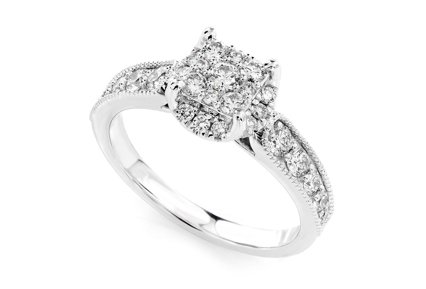 0.75CTW SQUARE PAVE CENTER - DIAMOND ENGAGEMENT RING - 14K SOLID GOLD