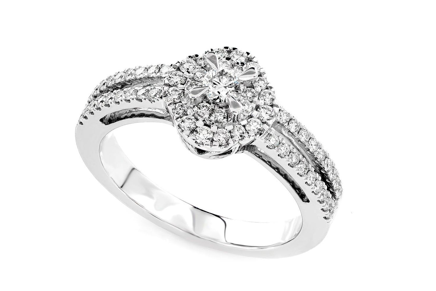 0.50CTW DOUBLE HALO FLOWER SPLIT SHANK - DIAMOND ENGAGEMENT RING