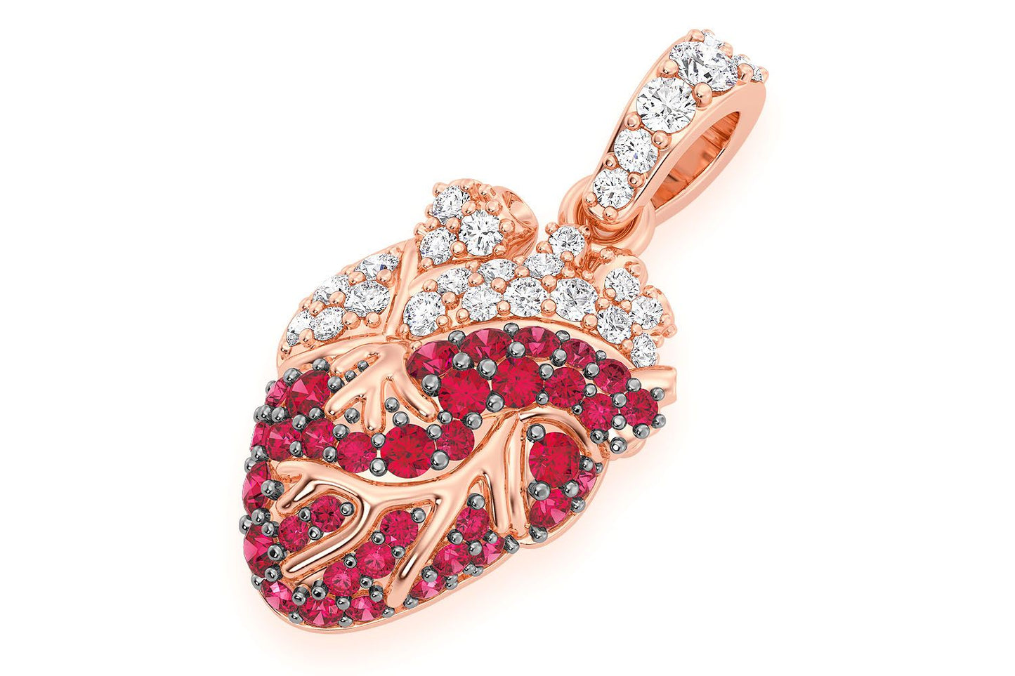 HUMAN HEART RUBY & DIAMOND PENDANT 14K SOLID GOLD .40CTW