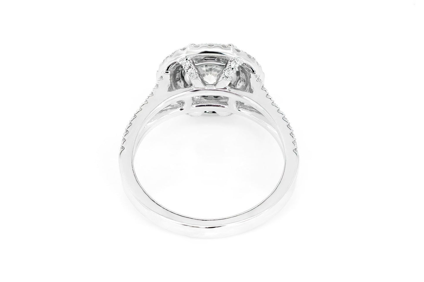 1.00CT ROUND SOLITAIRE - SPLIT SHANK DOUBLE HALO - DIAMOND ENGAGEMENT RING