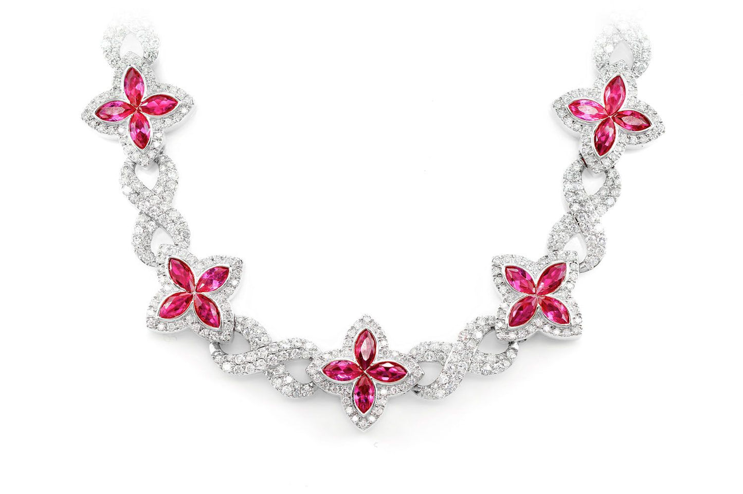 RUBY DIAMOND MARQUISE FLOWER INFINITY LINK NECKLACE SOLID GOLD 33.75CTW