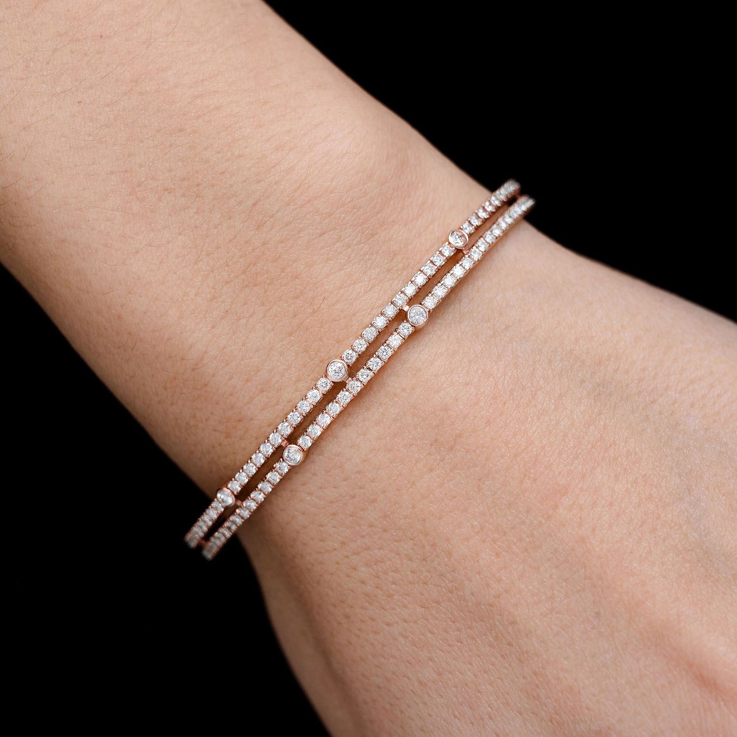 TWO ROW SCATTERED BEZEL FLEX BANGLE BRACELET 14K SOLID GOLD 1.55CTW
