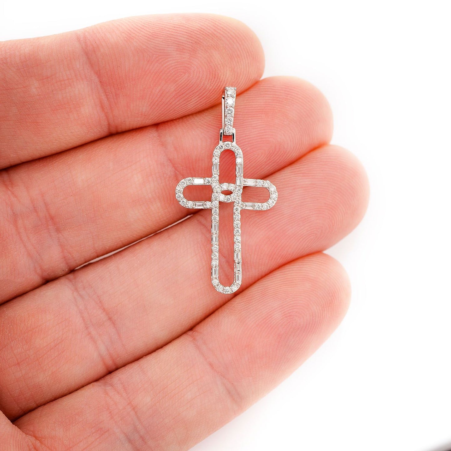 OPEN BAGUETTE AND ROUND DIAMOND TRINITY CROSS PENDANT 14K SOLID GOLD 0.38CTW