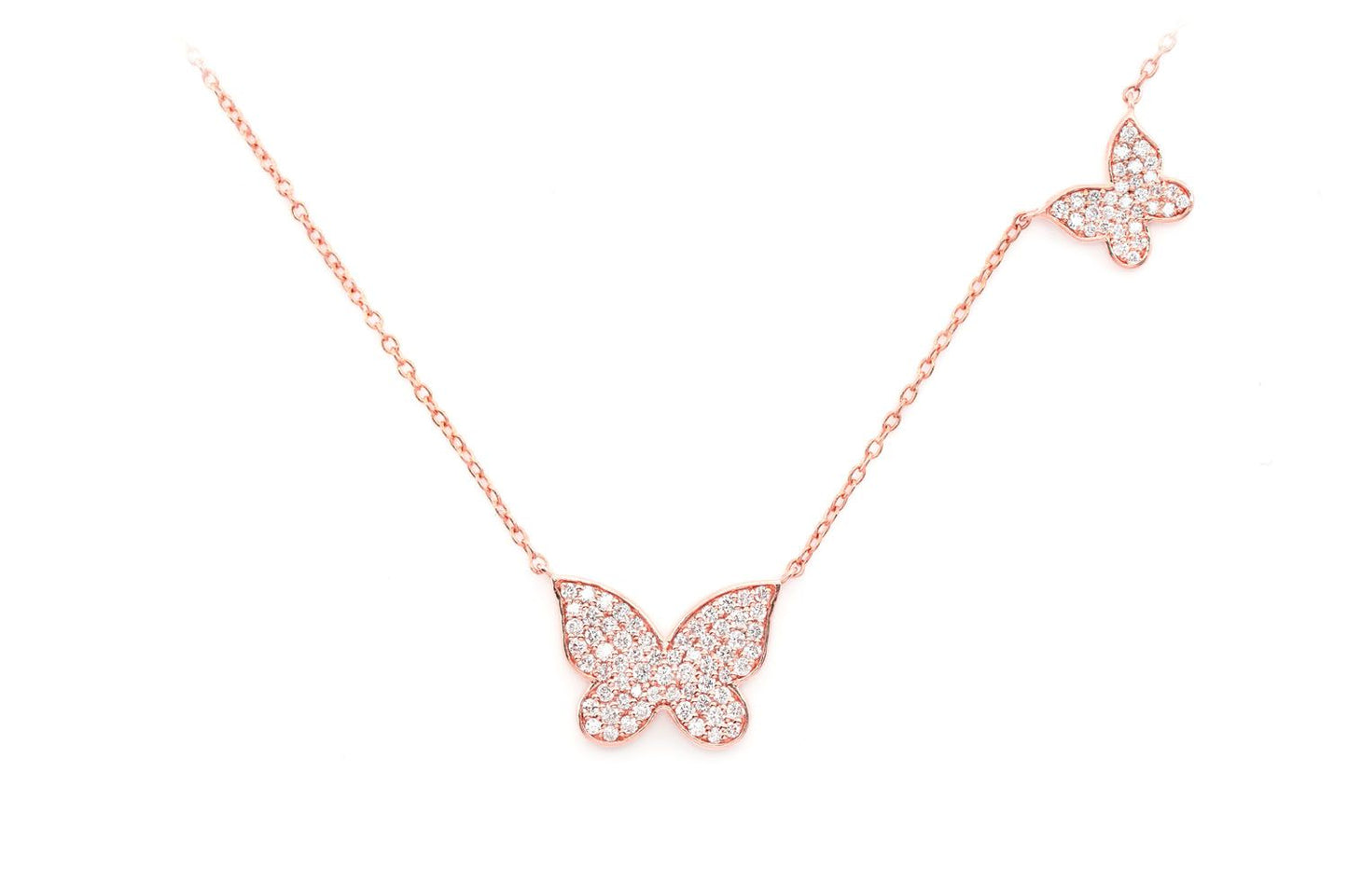 DOUBLE BUTTERFLY DIAMOND NECKLACE ATTACHED 14K SOLID GOLD 0.37CTW