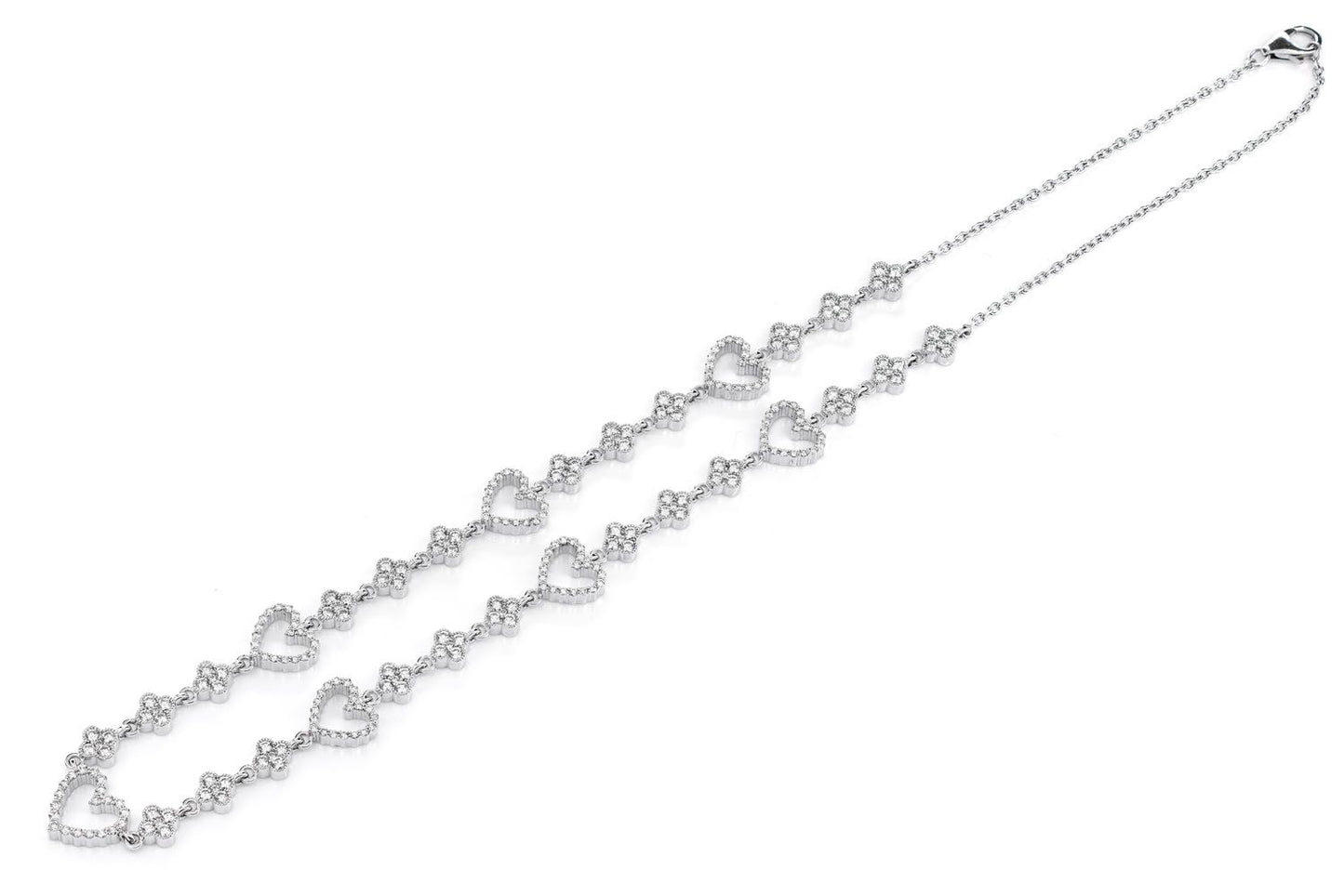 OPEN HEART CLOVER DIAMOND LINK NECKLACE 14K SOLID GOLD 5.00CTW