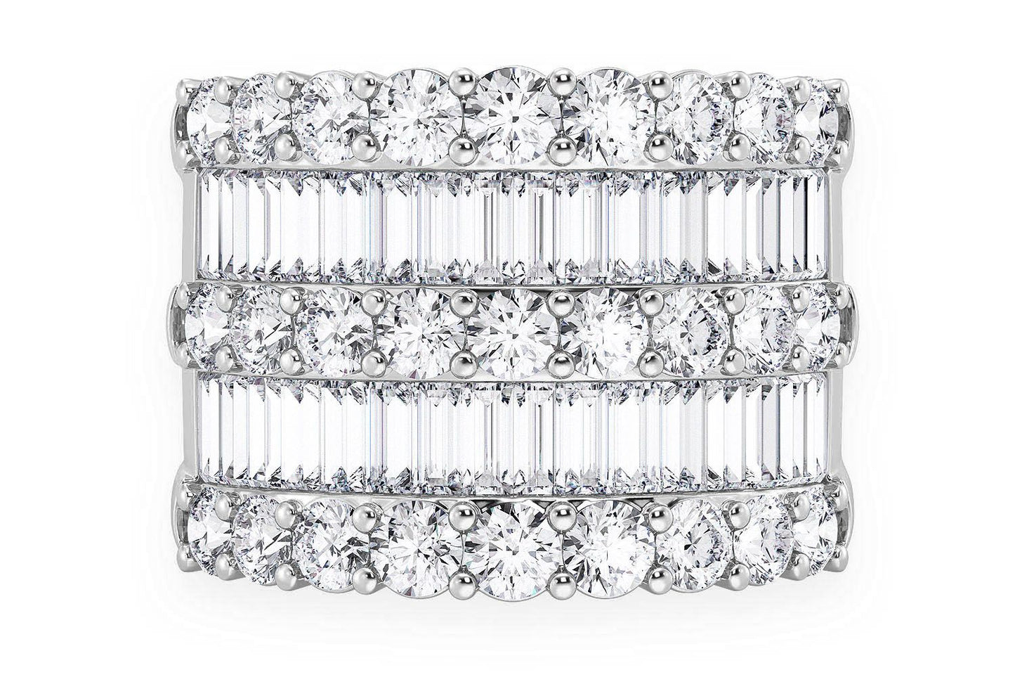 SUPER THREE ROW ROUND & BAGUETTE DIAMOND RING 14K SOLID GOLD 5.25CTW