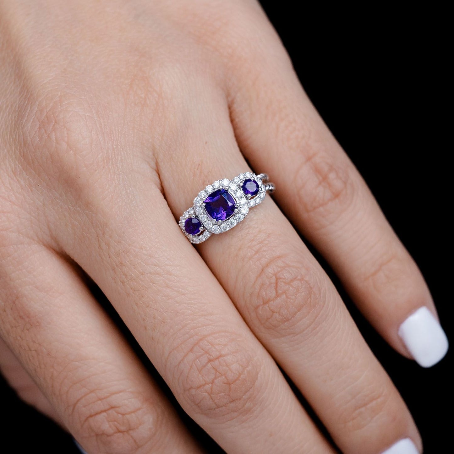 AMETHYST AND DIAMOND THREE STONE SPLIT SHANK ROPE RING 14K SOLID GOLD 1.00CTW