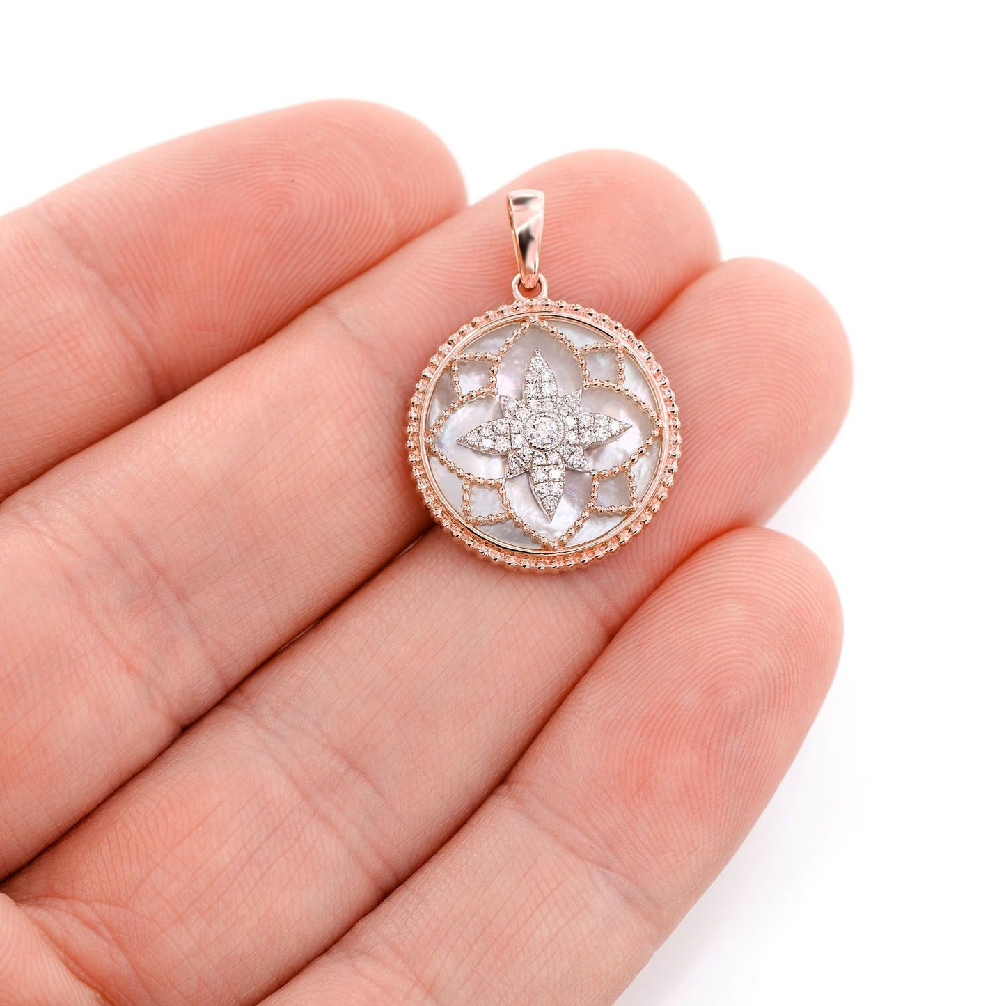 MOTHER OF PEARL AND DIAMOND MILGRAIN FLOWER MEDALLION PENDANT 14K SOLID GOLD 3.00CTW