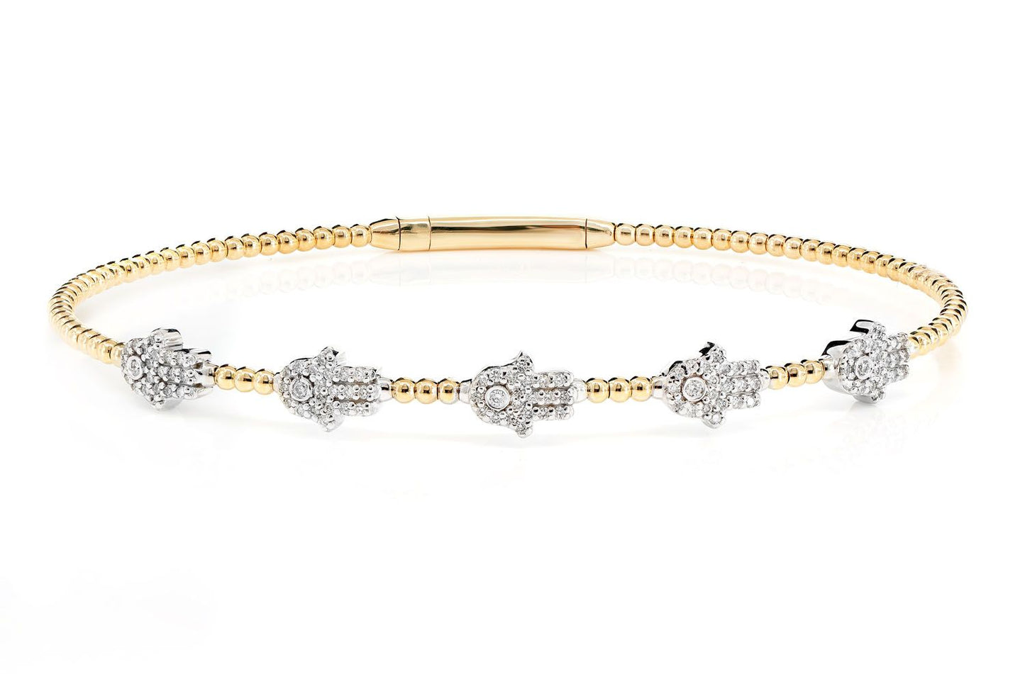 BEADED DIAMOND HAMSA FLEX BANGLE BRACELET 14K SOLID GOLD 0.30CTW