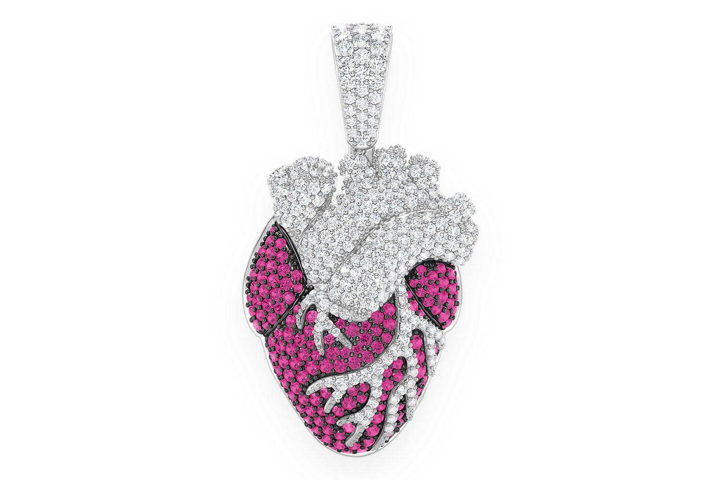 HUMAN HEART RUBY & DIAMOND PENDANT 14K SOLID GOLD 3.60CTW
