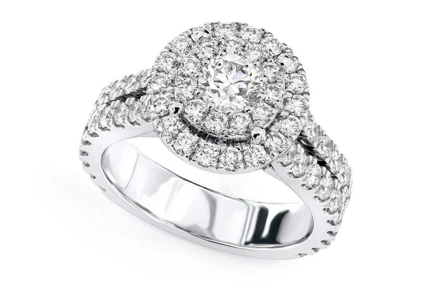 DOUBLE HALO SPLIT SHANK DIAMOND ENGAGEMENT RING 2.50CTW - 14K SOLID GOLD