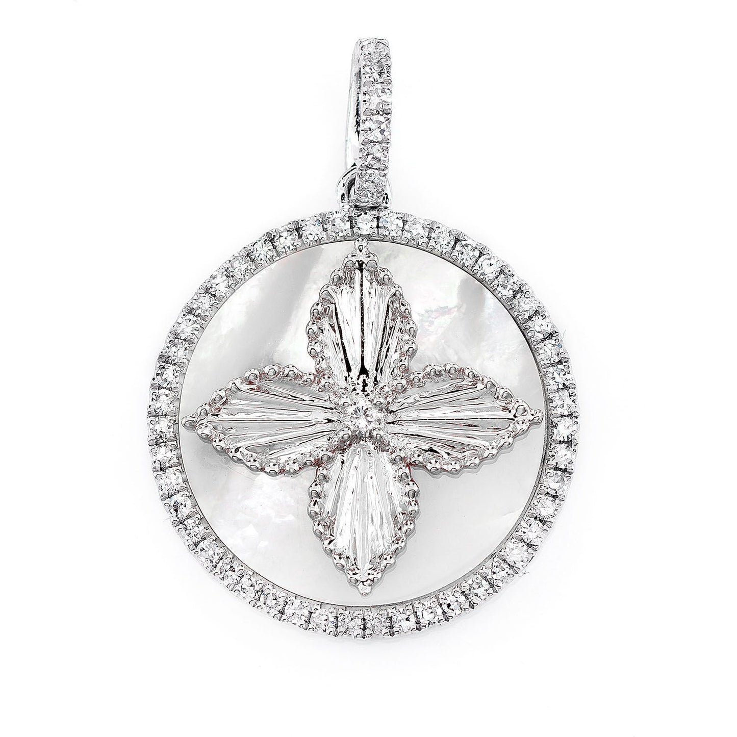 MOTHER OF PEARL AND DIAMOND FOUR PETAL FLOWER DISC PENDANT 14K SOLID GOLD 0.30CTW