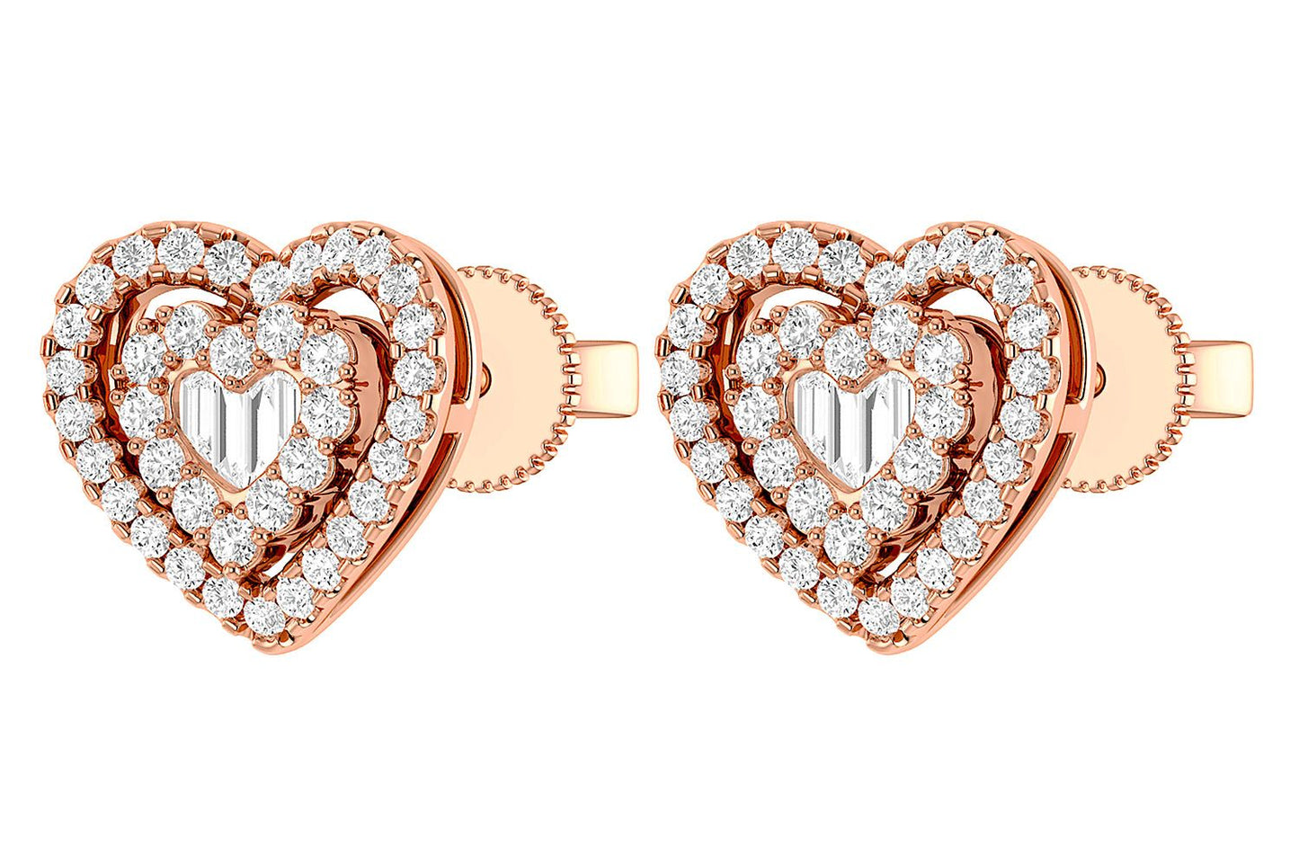 HEART BAGUETTE DIAMOND STUD EARRINGS 14K SOLID GOLD 0.80CTW
