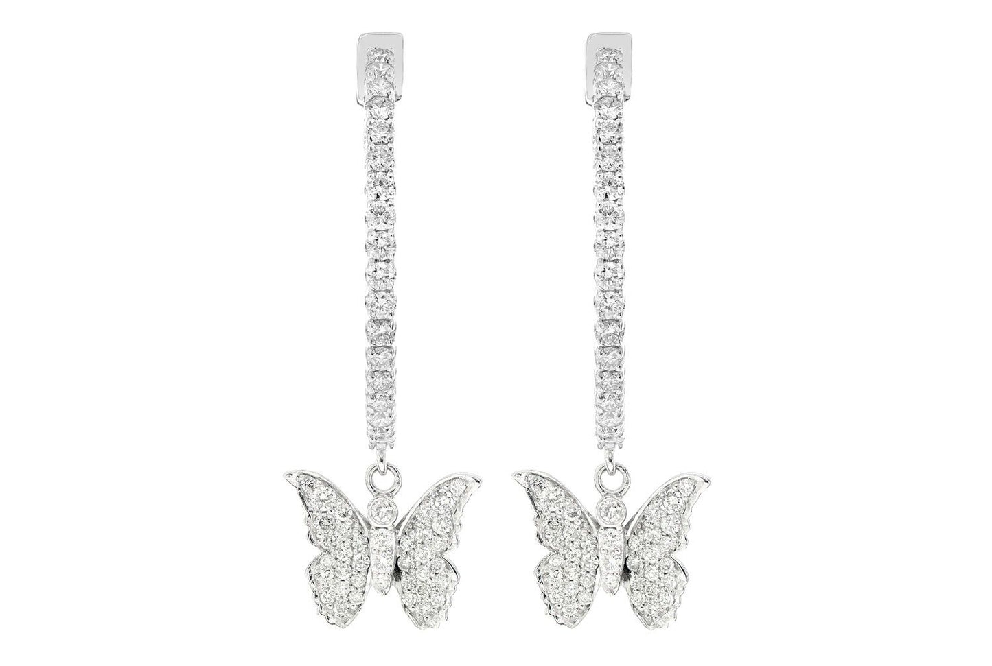 BUTTERFLY DANGLING DIAMOND HOOP EARRINGS 14K SOLID GOLD 1.75CTW