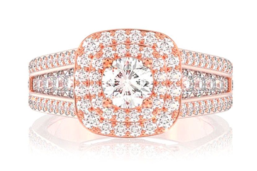 INEL DE LOGODNĂ CU DIAMANT ȘI HALO DUBLU, TRIPLU BEZEL, DIN AUR MASIV DE 14K, 2.00 CTW