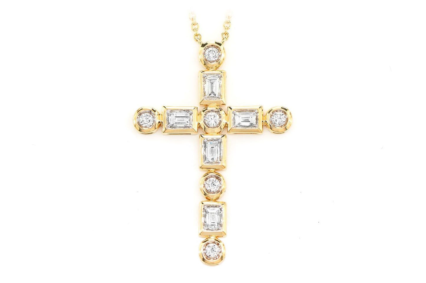 BAGUETTE AND ROUND DIAMOND CROSS PENDANT NECKLACE ATTACHED 14K SOLID GOLD 0.75CTW