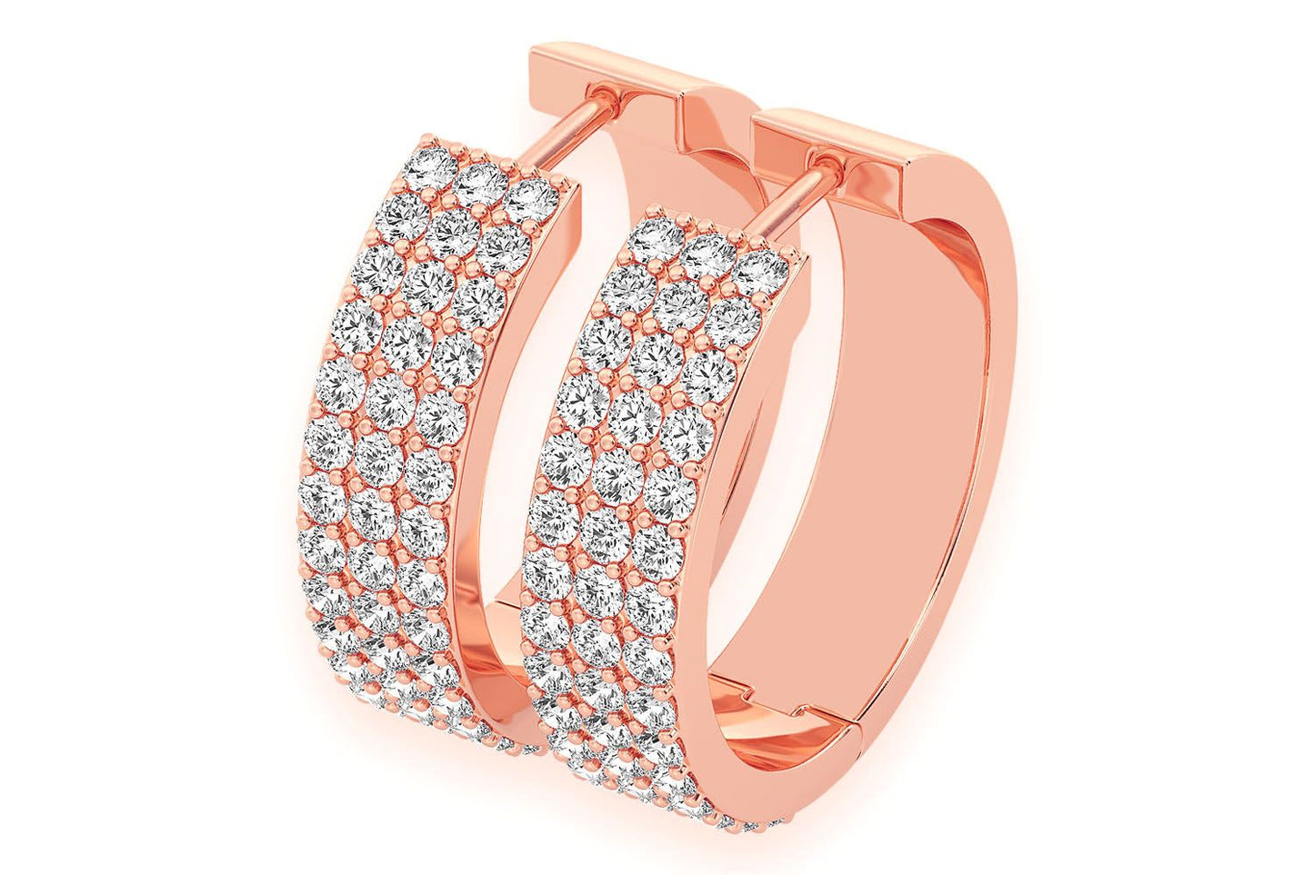 THREE ROW HOOP DIAMOND EARRINGS 14K SOLID GOLD 1.75CTW
