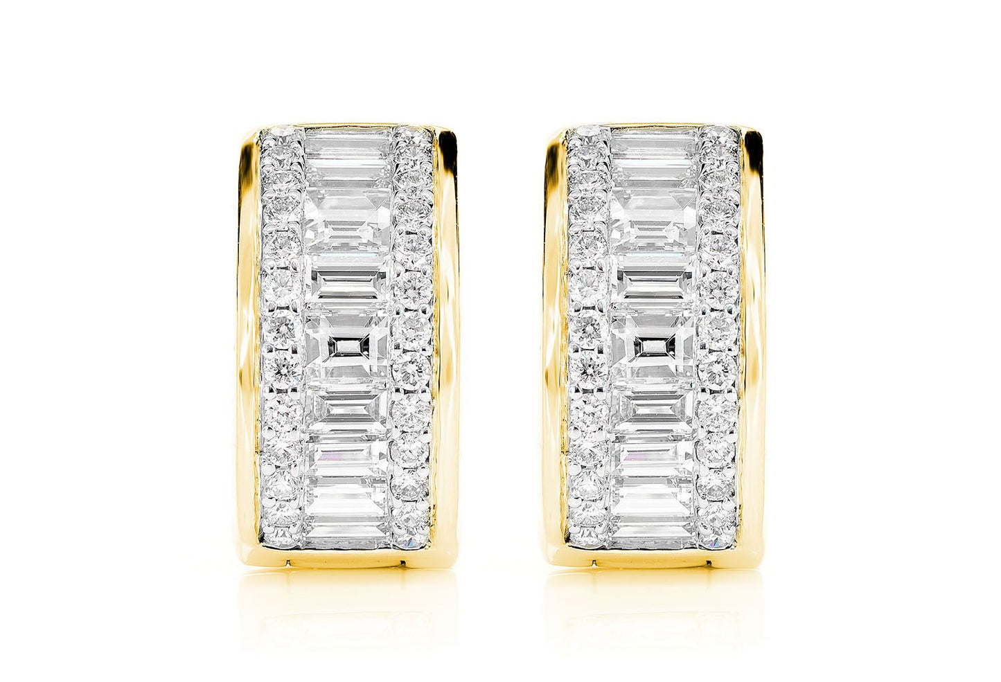 BAGUETTE AND ROUND DIAMOND BORDER HOOP EARRINGS 14K SOLID GOLD 1.80CTW
