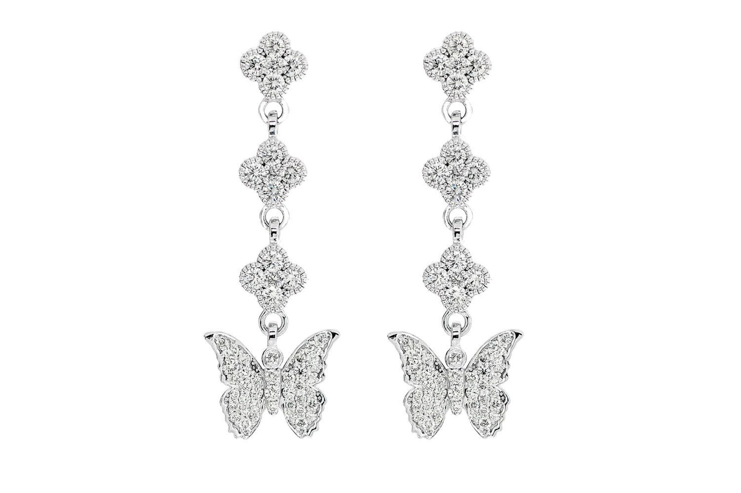 BUTTERFLY CLOVER DIAMOND DANGLING EARRINGS 14K SOLID GOLD 1.25CTW