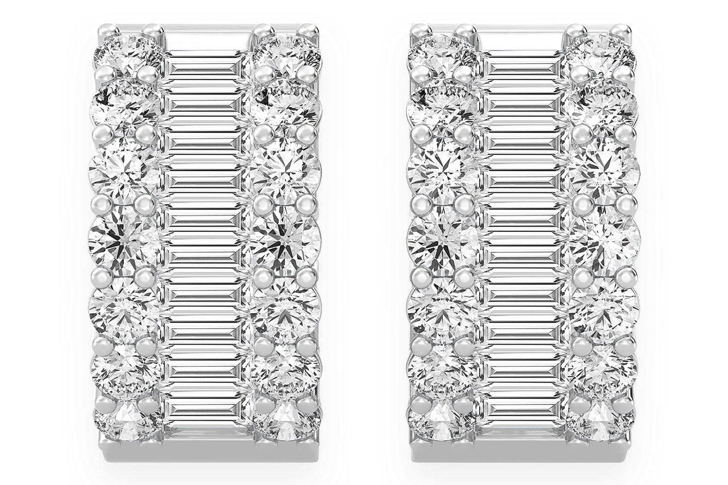 BAGUETTE & ROUND HOOP DIAMOND EARRINGS 14K SOLID GOLD 2.00CTW