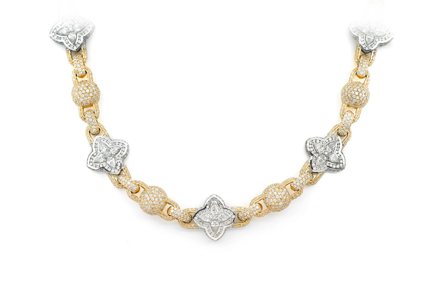BEADED FLORAL MARQUISE DIAMOND LINK NECKLACE 14K SOLID GOLD 24.50CTW