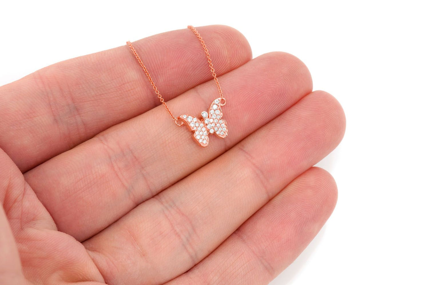 BUTTERFLY DIAMOND NECKLACE CONNECTED 14K SOLID GOLD 0.20CTW