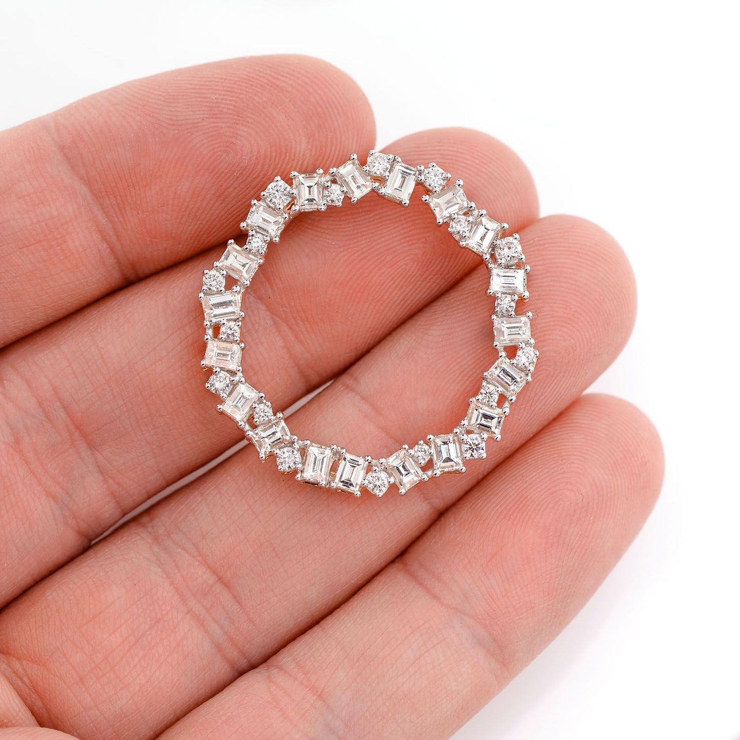 JAGGED BAGUETTE ROUND CIRCLE OPEN DIAMOND PENDANT 14K SOLID GOLD 2.95CTW