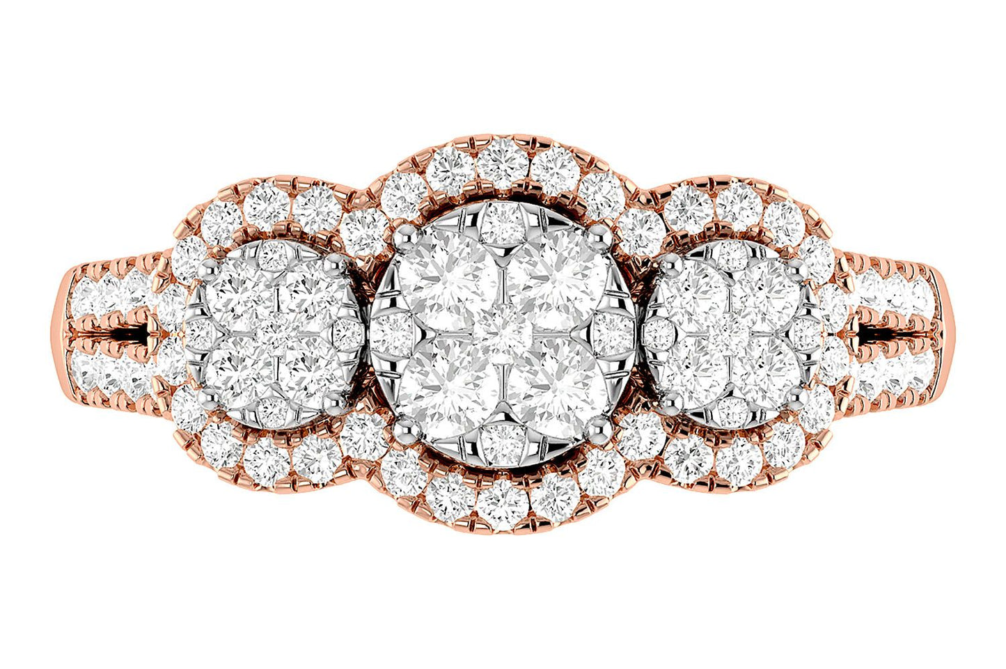 3 STONE CLUSTER SPLIT SHANK DIAMOND ENGAGEMENT RING 0.85CTW - 14K SOLID GOLD