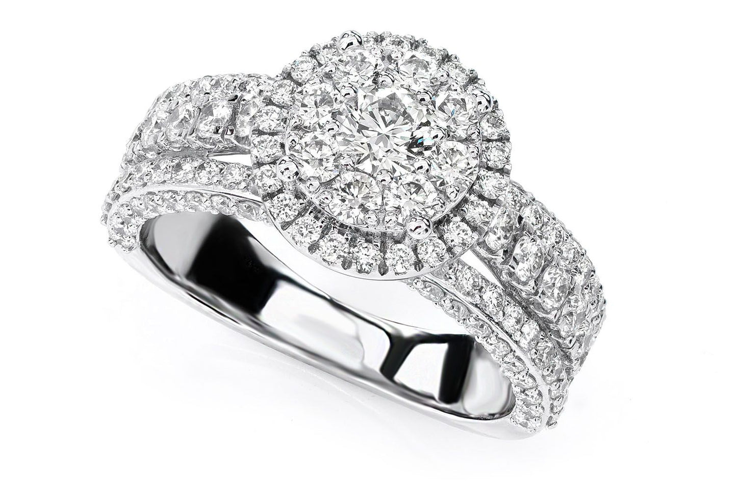 2.25CTW DOUBLE HALO THREE ROW DELUXE DIAMOND ENGAGEMENT RING- 14K SOLID GOLD