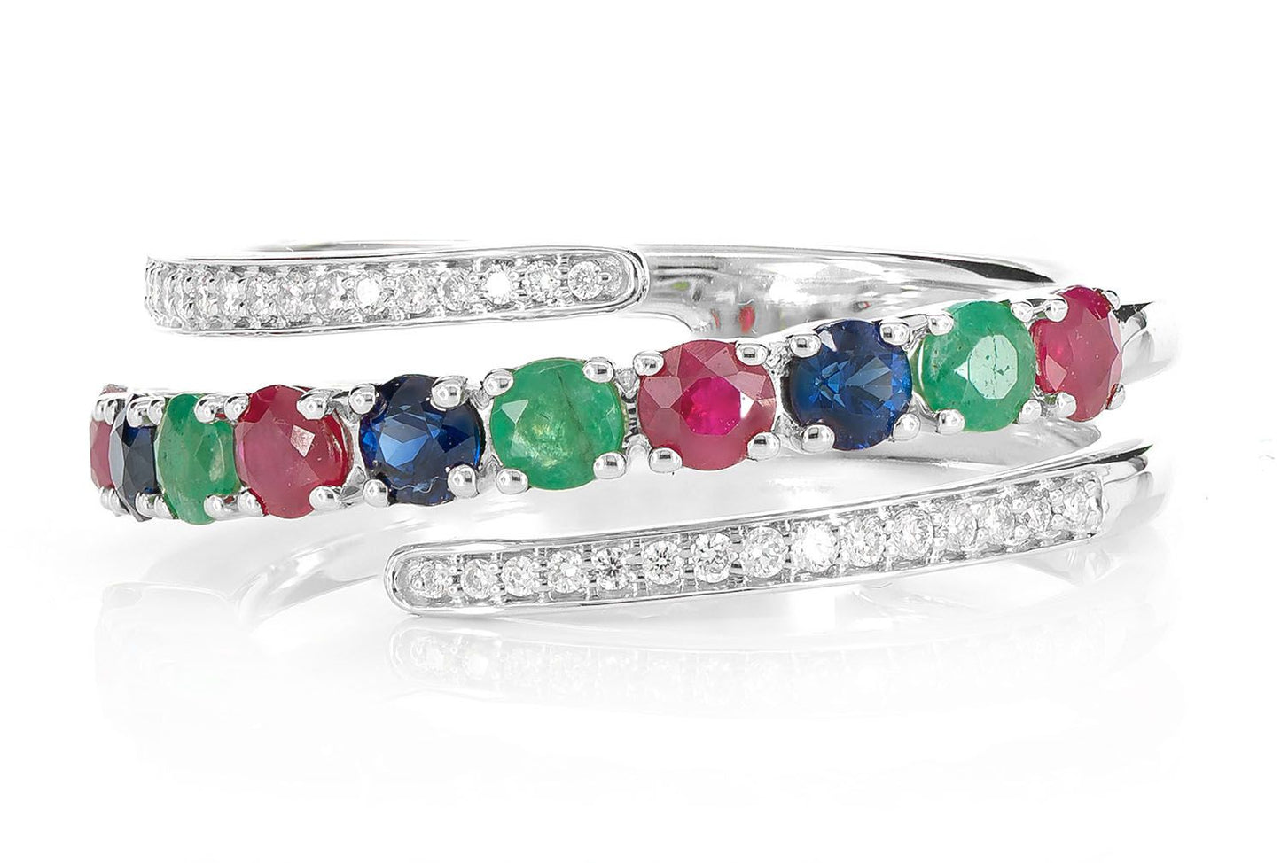 TRI COLORED GEM AND DIAMOND SEMI WRAP RING 14K SOLID GOLD 1.00CTW