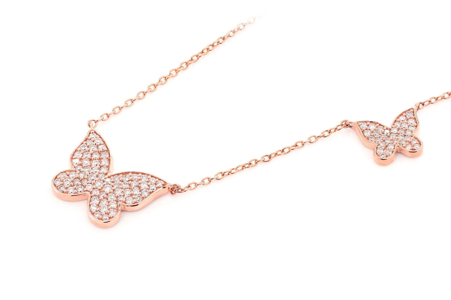DOUBLE BUTTERFLY DIAMOND NECKLACE ATTACHED 14K SOLID GOLD 0.37CTW