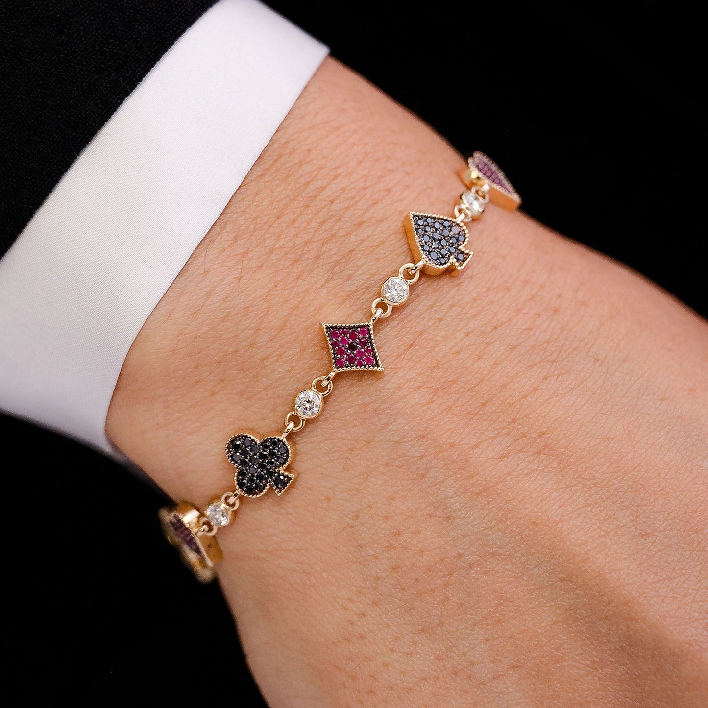 POKER PLAYING CARD SUIT BEZEL LINK BRACELET 14K SOLID GOLD 2.25CTW